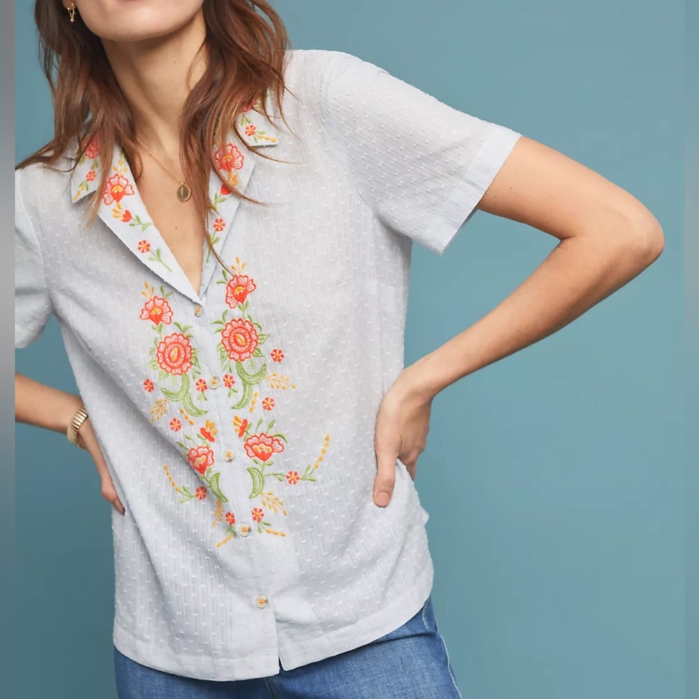 ANTHROPOLOGIE | Christie Floral Embroidered Buttondown 100% Cotton Orange Blue